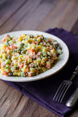 Olivier salad a festive table, new year