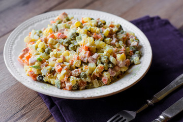 Olivier salad a festive table, new year