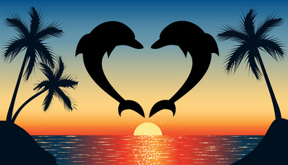 Naklejka premium jumping up dolphin shaped heart with sunset