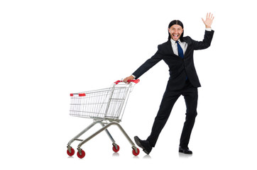 Man shopping with supermarket basket cart isolated on white