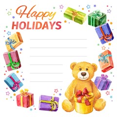 Obraz premium Card Happy holidays. frame of gifts and Teddy Bear. watercolor.