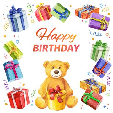 Happy Birthday. square frame of gifts and Teddy Bear.