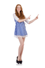 Fototapeta premium Woman pressing virtual button isolated on white