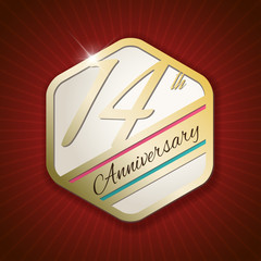 14th Anniversary - golden Seal, Badge on red rays background