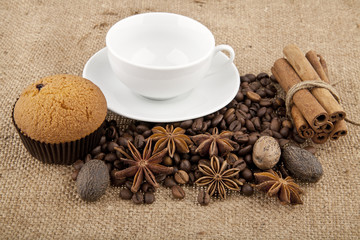 cakes, grains of coffee, seasonings and cup