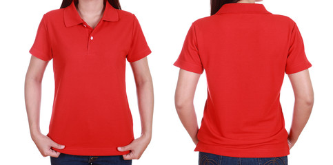 set of blank polo shirt (front, back) on woman