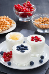 assortment natural yogurt with fresh berries and waffles