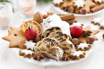 Christmas Stollen with dried fruit, cookies and spices