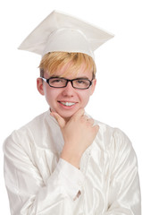 Young male student graduated from high school on white