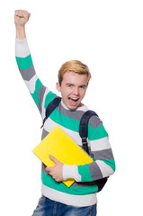 Funny student with books isolated on white