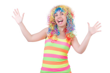 Woman with colourful wig isolated on white