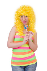 Woman with colourful wig isolated on white