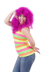 Woman with colourful wig isolated on white