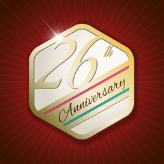 26th Anniversary - golden Seal, Badge on red rays background