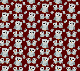 Gray Owls on Red Textured Fabric Repeat Pattern Background