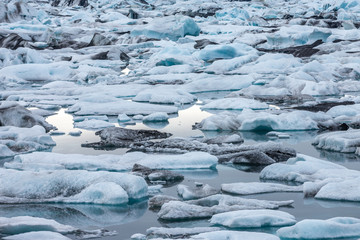 Detail view of many icebergs on glacier lagoon, Iceland.