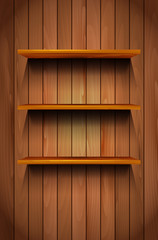 Three wooden shelves on the wooden background
