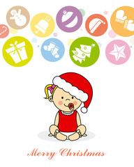 Christmas card. Baby girl dressed as Santa Claus