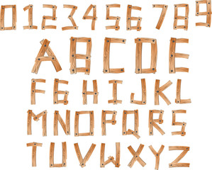 Illustration of wood alphabet A to Z and numbers set 0 to 9