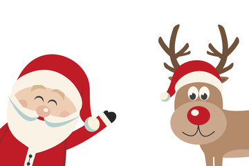 santa claus wave reindeer red nose side isolated background