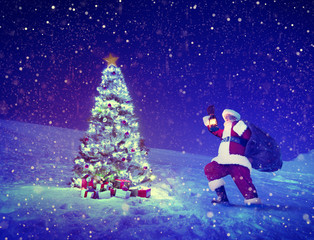 Fototapeta na wymiar Santa Claus Christmas Tree Gifts Christmas Concept
