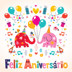Feliz Aniversario Portuguese Happy Birthday cute elephants card