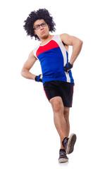 Funny man exercising isolated on white