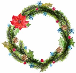 Fototapeta na wymiar Green watercolor christmas wreath with decorations