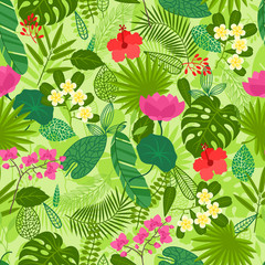 Obraz premium Seamless pattern with tropical plants, leaves and flowers.