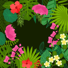 Fototapeta premium Background of stylized tropical plants, leaves and flowers.