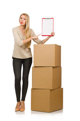 Woman with boxes relocating to new house isolated on white