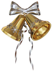Golden Xmas bells with silver snowflakes and ribbon