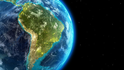 South America continent along  with city lights from outer space