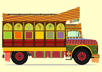 Jingle truck. Colorful jingle truck in simple retro cartoon style.
