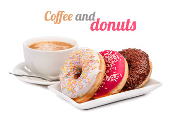 Three donut and cup of coffee isolated - 72999333