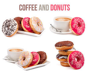 set of four compositions of coffee and donuts isolated - 72999352