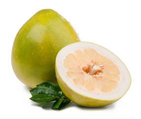 pomelo and slice with leaves isolated