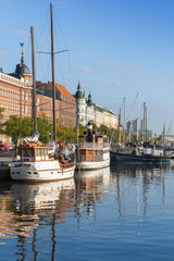 Old quay of Helsinki city with moored sailing ships