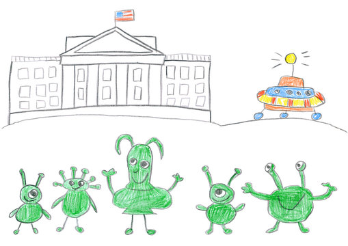 Child's drawing of Aliens visit White House after landing.