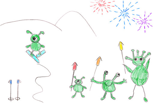 Child's drawing of Aliens celebrating happy New year.