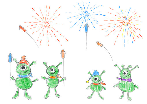 Child's drawing of Aliens celebrating New year with fireworks.