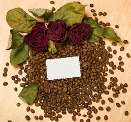 dry red roses and blank paper sheet on coffee seeds