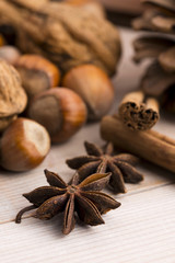 Different kinds of spices, nuts and dried oranges - christmas de