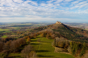 Wonderful panorama of castle Burg Hohenzollern in autumn