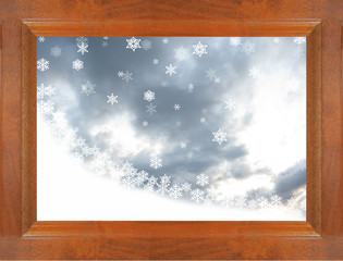 snow falling snowflakes and clouds through a wooden window