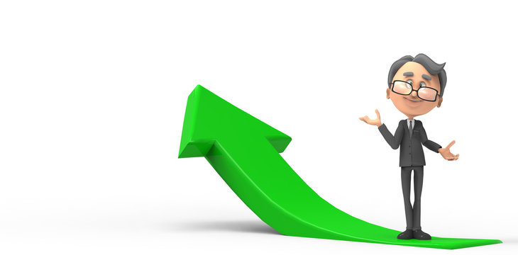 3d businessman with arrow sign positive