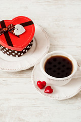 Valentine's day tea set with cup of coffee and gift box