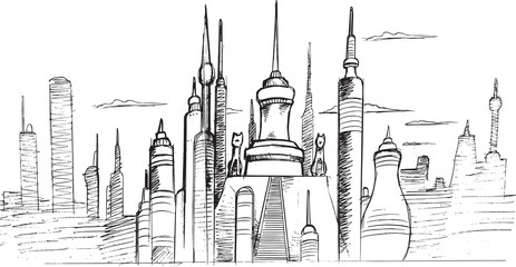 City Skyline Sketch Vector Drawing Illustration Art