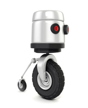 3d shinny and glossy robot on wheels isolated on white