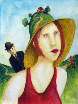 lady in a red dress and a strange hat
